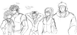 2girls 3boys akiyama_kaede blushing_female crossover crossover_pairing crossover_ship crossover_shipping dialogue female female/male glasses kengan_ashura kill_la_kill looking_at_viewer male male/female matoi_ryuuko muscular muscular_male open_eyes open_mouth rihito serious_face studio_trigger surprised_expression surprised_face teenage_girl teenager tokita_ohma tomboy yamashita_kazuo
