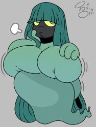 1girls big_breasts bored breasts dora_(hades) female female_only floating ghost green_body green_eyes green_hair grey_background hades_(game) huge_breasts long_hair looking_up signature simple_background spirit toni_oni yellow_sclera