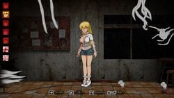 big_breasts blonde_hair cleavage closed_eyes female_only game_cg ghost ghost_hunter_vena long_hair open_shirt restrained rixa_(ghost_hunter_vena) shoes shorts suspended vosmug