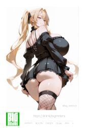 ai_generated ani_(twitter) ass ass_focus big_ass big_breasts bigmelons blue_eyes breasts breasts_out dress female female_only lifting_skirt long_hair solo solo_female thick thick_ass thick_thighs thighhighs thighs twitter yellow_hair