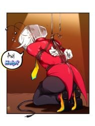 1boy 2025 antennae arms_tied arms_tied_behind_back ass blush bondage butt clothed clothed_male clothes clothing color colored deltarune deltarune_chapter_3 dialogue digital_drawing_(artwork) digital_media_(artwork) embarrassed english_dialogue english_text hands_behind_back hands_tied looking_at_viewer looking_back male male_focus male_only on_knees pointy_nose restrained restrained_arms restrained_legs restraints smile solo solo_male speech_bubble tenna_(deltarune) text tied tied_arms tied_hands tied_legs tied_up tv tv_head wire wires
