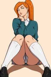 black_footwear breasts female full_body green_eyes gwen_tennyson gwen_tennyson_(alien_force) kneehighs knees_together_feet_apart lips loafers long_hair looking_at_viewer orange_hair parted_lips pleated_skirt ponytail sadfunny_art school_uniform shirt shoes sitting skirt socks solo sweater thighs white_socks