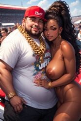 ai_generated big big_breasts big_guy big_jeff bigjeff black black_breasts black_woman breasts gold gold_(metal) gold_chain gold_jewelry race race_car race_track, racecar sexy stud white