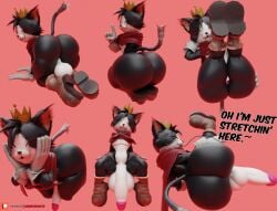 1boy 3d 5_fingers all_fours anthro anthro_male anthro_only anus ass backsack balls ballsack big_ass big_balls big_penis black_fur black_nose brown_clothing brown_footwear brown_shoes cait_sith_(ff7) camseven cape cat-sith celtic_mythology cheek_tuft closed_eyes clothing crown dialogue digital_media_(artwork) dipstick_tail domestic_cat english_text european_mythology eyes_always_closed facial_tuft fangs felid feline felis final_fantasy final_fantasy_vii fingers footwear fur fur_tuft furaffinity_link furry furry_male furry_only genitals gloves hand_behind_head hand_on_cheek handwear head_tuft headwear hi_res looking_at_viewer looking_back looking_back_at_viewer male male_focus male_only mammal markings multicolored_fur mythology patreon_logo penis red_cape red_clothing shoes simple_background snout solo solo_male square_enix tail tail_markings teeth text tuft two_tone_fur whiskers white_clothing white_fur white_gloves white_handwear white_tail_tip