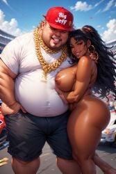 ai_generated big big_breasts big_guy big_jeff bigjeff black black_breasts black_woman breasts gold gold_(metal) gold_chain gold_jewelry race race_car race_track, racecar sexy stud white