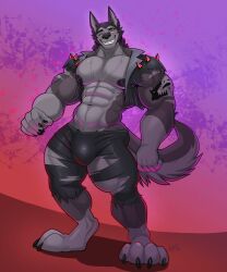 abs anthro bulge canid canid_demon canine demon fur grey_body grey_fur hellaverse hellhound helluva_boss hi_res male mammal muscular muscular_anthro muscular_male mythological_canine mythological_creature mythology nipples pecs red_sclera solo vexedlupine vortex_(helluva_boss)