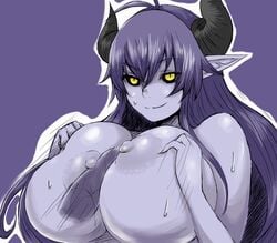 asmodeus_(shinrabanshou) blue_hair breast_squeeze breasts dark_skin demon_girl demon_horns female horns huge_breasts large_breasts long_hair magic_penis milf nipples outercourse paizuri penis pointy_ears puffy_nipples shinrabanshou simple_background sketch soranosuke succubus sweat upper_body yellow_eyes