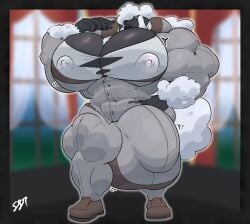 2024 5_fingers anthro arms_bent big_bulge big_muscles big_pecs black_body black_border black_claws black_lips black_nose black_skin blue_eyes blurred_background border bottomwear brown_clothing brown_footwear brown_shoes bulge button_(fastener) canid canine canis chest_tuft claws clothed clothed_anthro clothed_male clothing colored detailed_bulge digital_drawing_(artwork) digital_media_(artwork) domestic_dog english_description eyebrows fangs finger_claws fingers footwear full-length_portrait fur genital_outline grey_bottomwear grey_clothing grey_dress_shirt grey_pants grey_suit hair hair_over_eye half-closed_eyes hand_on_hip hand_on_own_hip hi_res huge_bulge huge_pecs inside janus_(araidian) light lighting lips long_hair male male_anthro mammal muscles muscular muscular_anthro muscular_male muscular_thighs narrowed_eyes nipple_outline open_mouth open_smile pants pec_cleavage pecs penis penis_outline poodle portrait red_curtains seaserpenttailor shaded shoes signature smile solo standing suit teeth thick_bottom_lip tight_suit tuft white_body white_eyebrows white_fur white_hair window window_curtains