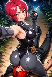 ai_generated ass ass_focus ass_smothering bodysuit capcom dino_crisis dominant_female face_in_ass facesitting femdom jungle looking_at_viewer looking_back red_eyes red_hair regina_(dino_crisis) selfie smug smug_grin submissive_male