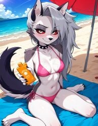 1girls 2025 ai_generated anthro beach beach_background beach_towel beach_umbrella blush breasts demon demon_girl deviantart ears elryusam female furry goth_girl grey_body grey_fur grey_hair hellhound helluva_boss holding_sunscreen long_hair looking_at_viewer loona_(helluva_boss) meta notched_ear ocean pink_bikini red_sclera small_breasts smile smile_at_viewer smiling_at_viewer spiked_collar sunscreen tail two-piece_swimsuit two_tone_body two_tone_fur two_tone_tail vivziepop white_body white_eyes white_fur wolf wolf_girl youtube