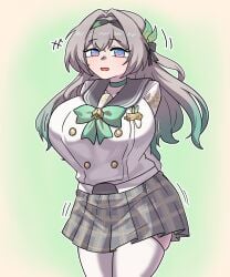 1girls breasts female firefly_(honkai:_star_rail) firefly_(spring_missive)_(honkai:_star_rail) honkai:_star_rail joeneko26 large_breasts long_hair looking_at_viewer open_mouth plaid plaid_skirt school_uniform skirt solo solo_female solo_focus thick_thighs thighhighs thighs two_tone_hair white_thighhighs