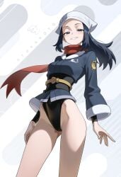 1girls absurdres akari_(pokemon) artist_name black_hair black_leotard black_sash blue_kimono blush breasts commentary eyelashes female galaxy_expedition_team_survey_corps_uniform grey_eyes grin headscarf highleg highres jacket japanese_clothes kimono leotard leotard_under_clothes long_hair looking_at_viewer medium_breasts nintendo obi obijime otokakoto pokemon pokemon_legends:_arceus ponytail red_scarf sash scarf shirt sidelocks simple_background smile smug solo teeth white_headscarf