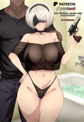 1boy 1girls 2b_(nier:automata) ai_generated bare_shoulders bathroom bathtub bikini black_bikini black_blindfold black_choker black_hairband black_headband black_panties black_pants black_shirt blindfold blush breasts choker cleavage closed_mouth collarbone covered_eyes crop_top dark-skinned_male dark_skin female gun hairband hand_on_another's_shoulder hand_on_own_hip handgun head_out_of_frame highleg holding holding_gun holding_weapon interracial large_breasts lovehent male mole mole_under_mouth navel nier nier:_automata nier_(series) off-shoulder_shirt off_shoulder panties pants revolver see-through shirt short_hair smile straight sweat swimsuit thighs trigger_discipline underwear water weapon white_hair yorha_2b