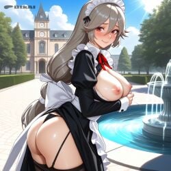 ai_generated alexandrina_sebastiane big_ass blush clouds dtkai fountain large_breasts looking_at_viewer maid maid_apron maid_dress maid_headdress maid_outfit maid_uniform mansion nipples outside parted_lips sky smile standing sun sunshine undressing water zenless_zone_zero