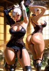 2girls ai_generated armor armpits arms_up ass bandaged_arm bandaged_leg bandages belt black_choker black_corset black_panties blurry blurry_background boots breasts choker cleavage corset dual_persona earrings female gloves greatsword holding holding_sword holding_weapon huge_ass huge_weapon jewelry large_breasts league_of_legends league_of_legends:_wild_rift leg_tattoo lipstick looking_at_viewer makeup meitabuu multiple_girls multiple_views panties parted_lips ponytail purple_eyes purple_lips riot_games riven shiny_skin short_hair shoulder_armor sideboob single_glove single_pauldron standing sword tattoo thick_thighs thighs thong underwear water weapon wet white_hair