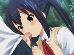 animated azusa_nakano_(k-on!) black_hair blush brown_eyes censored fellatio female human human_only k-on! kamei long_hair male oral penis school_uniform straight sweater_vest tied_hair twintails