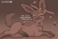 azoomer dialogue eeveelution embarrassed english_text flushed flushed_face knot knotted_penis male monochrome penis pokemon pokephilia pout pouting sylveon tagme text