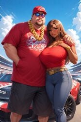 ai_generated big big_breasts big_guy big_jeff bigjeff black black_breasts black_woman breasts gold gold_(metal) gold_chain gold_jewelry race race_car race_track, racecar sexy stud white