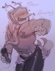 1boy 2025 antennae ass blush butt clothed clothed_male clothes clothing deltarune deltarune_chapter_3 dialogue digital_drawing_(artwork) digital_media_(artwork) disembodied_hand disembodied_hands dubious_consent english_dialogue english_text hand_on_ass hand_on_butt hand_on_hip hi_res high_resolution highres looking_back male male_only microphone pointy_nose shocked shocked_expression solo solo_focus solo_male speech_bubble suit surprise surprised surprised_expression surprised_face tenna_(deltarune) text touching tv tv_head