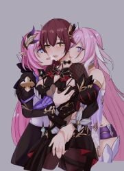 3girls black_dress black_pantyhose black_shorts blush breasts brown_hair commentary corset diamond-shaped_pupils diamond_(shape) dress dual_persona eden_(honkai_impact) elf elysia_(herrscher_of_human:_ego)_(honkai_impact) elysia_(honkai_impact) elysia_(miss_pink_elf)_(honkai_impact) fingering grabbing_another's_breast grey_background groping hair_ornament honkai_(series) honkai_impact_3rd large_breasts licking licking_another's_neck long_hair multicolored_hair multiple_girls pantyhose pink_hair pointy_ears purple_eyes pussy_cutout pussy_juice short_shorts shorts simple_background symbol-shaped_pupils toufu_0626 two-tone_hair very_long_hair white_corset white_hair yellow_eyes yuri