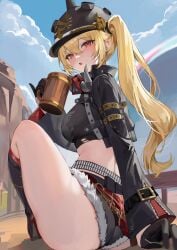 1girls absurdres bad_id bad_twitter_id belt black_boots black_gloves black_jacket black_shirt black_shorts blonde_hair boots breasts combat_helmet crop_top cropped_jacket cup day female from_behind fur_trim gloves hair_between_eyes helmet high_heel_boots high_heels highres holding holding_cup jacket knee_boots lillly long_hair long_sleeves looking_at_viewer looking_back luciana_de_montefio mask mask_around_neck median_furrow medium_breasts micro_shorts midriff open_clothes open_jacket open_mouth outdoors pickelhaube pinky_out red_eyes shirt shorts side_ponytail sidelocks solo thick_thighs thighs torn_clothes torn_shir zenless_zone_zero