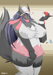 anthro big_breasts blue_hair blush breasts canine dawn_(pokemon) fur furry hair high_resolution huge_breasts hyena mightyena no_humans piplup pokemon pokemon_(species) red_eyes thigh_highs ymbk