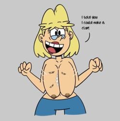 clapping_breasts grey_background milf motion_lines nipples onomatopoeia rita_loud shawnlabomb text the_loud_house topless