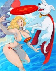 1girls ass blonde_hair blue_eyes breasts canine cleavage dc dc_comics female frisbee kara_zor-el krypto large_breasts light-skinned_female light_skin lipstick supergirl tezy8art thick_thighs thighs wide_hips
