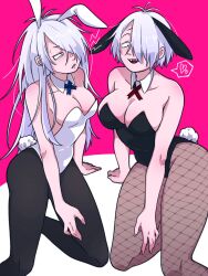 2girls anger_vein angry annoyed big_breasts breast_size_difference breasts bunny_ears bunny_tail bunnysuit cleavage clone detached_collar dual_persona fangs female female_only fishnets gegege_no_kitarou genderswap_(mtf) ghost_girl half-closed_eyes kitarou_tanjou_gegege_no_nazo long_hair looking_at_viewer mainasu medama_oyaji_(human) medium_breasts messy_hair pantyhose pink_background playboy_bunny rule_63 short_hair take_your_pick thick_thighs very_long_hair white_hair wide_hips