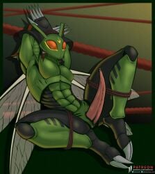 2_toes abs anthro arms_above_head arthropod bandai_namco bodily_fluids bound digimon digimon_(species) feet genital_fluids genitals hi_res insect_wings insects iudicium86 male muscular penis precum rope solo stingmon tapering_penis toes wings
