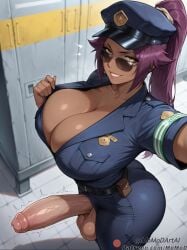 1futa ai_generated ass bleach breasts dark_skin erection foreskin from_above futa_only futanari momodart penis police_uniform ponytail precum purple_hair selfie shihouin_yoruichi smile stable_diffusion sunglasses tagme yellow_eyes