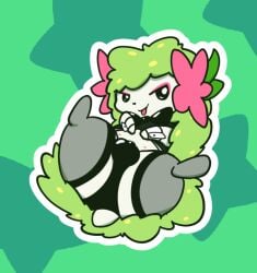 balls belly_nipples bow_tie clothing cuffs_(clothing) eyeshadow feral generation_4_pokemon genitals land_forme_shaymin latex latex_clothing legendary_pokemon leggings legwear looking_at_viewer lying makeup male muzzzzz nintendo on_back panties pokemon pokemon_(species) presenting shaymin solo tongue tongue_out underwear