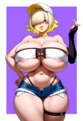 ai_generated areola areolae bare_shoulders baseball_cap beckoning bimbo bimbo_body bimbo_lips bimbofication bimbofied blonde_hair blush breasts breasts_bigger_than_head cap choker cleavage collarbone colored_inner_hair colored_nails cross-laced_clothes elbow_gloves elegg_(nikke) fingerless_gloves fur-trimmed_shorts fur_trim gigantic_breasts gloves goddess_of_victory:_nikke hand_on_hip hand_on_own_hip hand_up hat huge_ass huge_breasts light_blush lipstick long_nails massive_breasts micro_shorts multicolored_hair navel novelai one_eye_covered one_eye_obstructed plump purple_eyes seductive seductive_look seductive_smile shorts simple_background single_elbow_glove skindentation smirk strapless tgm101_(artist) thick_lips thick_thighs thigh_strap thin_waist thong tube_top tubetop underboob wide_hips yellow_hair