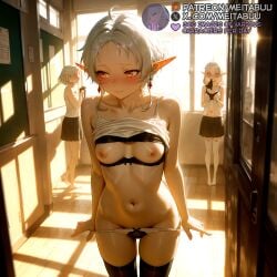 3girls ahoge ai_generated averting_eyes bare_shoulders barefoot black_bra black_panties black_skirt black_thighhighs blush bra bra_lift bra_pull breasts breasts_out classroom closed_mouth clothes_lift clothes_pull collarbone earrings elf embarrassed exhibitionism forehead hallway holding indoors jewelry lifted_by_self locker looking_to_the_side meitabuu multiple_girls mushoku_tensei navel nipples orange_eyes panties panty_pull parted_bangs petite pleated_skirt pointy_ears public_indecency pulled_by_self school school_uniform shirt_lift short_hair shy skirt small_breasts solo_focus standing stomach sunlight sylphiette_(mushoku_tensei) thighhighs thighs underwear undressing voyeurism white_hair white_panties white_shirt white_thighhighs window window_shade