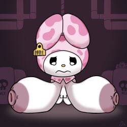 anthro areola big_breasts big_nipples breasts ear_piercing female hello_kitty_(series) hi_res hood_up huge_breasts huge_nipples hyper hyper_breasts killrabs lagomorph leporid mammal my_melody nipples onegai_my_melody piercing pointy_ears prick_ears rabbit sad sanrio simple_background solo