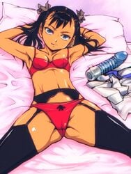 1girls arms_behind_head bed black_hair blue_eyes bra breasts cameltoe clothes_removed dildo female flat_chest garter_belt kamisimo_90 licking_lips lingerie looking_at_viewer lying midriff naughty_face original panties panties_on_outside pillow pixiv16315 sheets solo spread_legs tan_skin tied_hair tongue twintails underwear vibrator