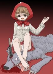 barefoot big_bad_wolf black_eyes blood blood_on_feet brown_hair commentary_request corpse death empty_eyes female full_body grey_shirt guro hood hood_up kazuiyun kitchen_knife knife_in_head little_red_riding_hood_(fairy_tale) little_red_riding_hood_(fairy_tale_character) looking_at_viewer miniskirt murder object_through_head open_mouth panties red_background red_hood red_skirt shaded_face shirt short_hair sitting skirt smile underwear white_panties wolf yandere