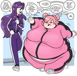 2girls bbw doki_doki_literature_club female jogging natsuki_(doki_doki_literature_club) obese obese_female out_of_breath overweight overweight_female pink_hair purple_hair superspoe yuri_(doki_doki_literature_club)