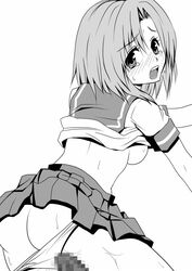 07th_expansion asahana_jun ass blush breasts censored higurashi_no_naku_koro_ni looking_back monochrome panties panty_pull penis ryuuguu_rena shirt_lift short_hair sideboob simple_background skirt tear underwear