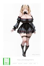ai_generated ani_(twitter) big_breasts bigmelons blue_eyes breasts breasts_out dress female female_only lifting_skirt long_hair solo solo_female thick thick_ass thick_thighs thighhighs thighs twitter yellow_hair