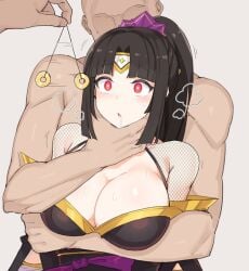 black_hair cleavage coin coin_on_string drooling femsub fishnet hypnosis jg803 kunoichi_zero last_origin long_hair mind_control pendulum red_eyes restrained simple_background sweat white_background