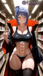 _size abs ai_generated alternate_ ass_visible_through_thighs bare_shoulders black_coat black_nails black_panties black_sports_bra black_thighhighs blue_flower blue_hair blue_rose book bookshelf breasts cameltoe cleavage closed_mouth coat collarbone convenience_store covered_nipples cowboy_shot female fingernails flower grey_hair hair_bun hair_flower hair_ornament indoors konan large_breasts library long_sleeves looking_at_viewer meitabuu middle_finger nail_polish naruto naruto_(series) naruto_shippuden navel obliques open_clothes open_coat orange_eyes panties rose short_hair single_hair_bun skindentation solo sports_bra stomach thick_thighs thigh_gap thighhighs thighs toned two-sided_fabric underwear