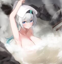 firefly_(honkai:_star_rail) honkai:_star_rail hot_spring naked_female ponytail silver_hair towel_on_head