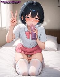 ai_generated bed black_hair blue_eyes blush chastity_cage crossdressing dildo femboy male novajoi patreon_username peace_sign pink_skirt ribbon shirt skirt sucking_dildo thighhighs