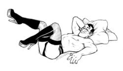 adorable adorable_face ass black_and_white bulge crossdressing cute cute_expression cute_face cute_male cutie doctor garter_belt garter_straps german german_guy german_male german_man glasses high_heels lace-trimmed_panties legs_up lingerie male male_only medic_(team_fortress_2) older_male panties pillow platform_heels schweinkrams seductive seductive_look shirtless solo team_fortress_2 thighhighs