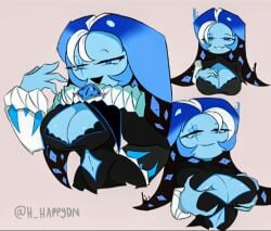 blue_body blue_eyes blue_hair blue_skin breasts cookie_run cookie_run_kingdom exposed_breasts female gripping_breasts shadow_milk_cookie staring_at_viewer tagme