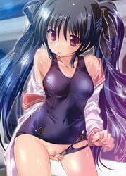 1girls female komatsu_eiji photoshop pussy school_swimsuit seifuku solo swimsuit uncensored undressing