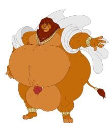 anthro artist_collaboration balls belly big_balls big_belly colored disney felid fur genitals hair hi_res huge_balls huge_belly jewelry lion male mammal mufasa musclegut muscular muscular_male necklace orange_body orange_fur overweight overweight_male pantherine penis reagan700 red_hair riercat solo the_lion_king