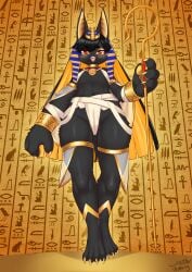 2025 4_fingers 4_toes anklet anthro anubian_jackal anubis barefoot big_hands biped black_body black_ears black_fur black_hair black_tail blonde_hair blush blush_lines bottomwear bracelet camel_toe canid canine canis cheek_tuft choker claws clothed clothing colored deity detailed_background digital_media_(artwork) egyptian egyptian_clothing egyptian_mythology eyelashes eyeshadow facial_tuft fangs feet female female_anthro finger_claws fingers flat_chested front_view full-length_portrait fur glistening glistening_eyes gold_(metal) gold_eyeshadow gold_jewelry hair handpaw headdress hi_res hieroglyphics holding_object holding_staff jackal jewelry kemono legband long_hair looking_at_viewer low-angle_view makeup mammal middle_eastern_mythology midriff monotone_body monotone_fur monotone_tail multicolored_hair mythology navel necklace open_mouth open_smile pawpads paws portrait pupils red_eyes shaded signature skimpy smile solo staff standing tail teeth thighband toe_claws toes topwear tuft two_tone_hair uraeus usekh wolflong yellow_claws yellow_eyeshadow yellow_inner_ear yellow_pawpads yellow_pupils