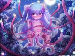 2025 4:3 accessory anthro biped black_nose blue_hair blush bow_ribbon christmas cub domestic_cat felid feline felis female flat_chested flying front_view genitals hair hair_accessory hair_ribbon hairbow heart_eyes heart_symbol holidays indie_virtual_youtuber inner_ear_fluff lolicon long_hair looking_at_another lumineko magic mammal navel night nipples nude open_mouth outside pawpads pink_body pubic_tattoo pussy ribbons shimo_hisae solo tattoo tongue tuft vtuber vulva young young_anthro young_female